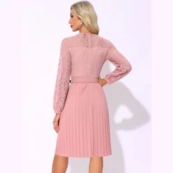 INSPIRE CHIC Women's Pleated Casual Long Sleeves Belted Wedding Guest Floral Lace Dress -Fashion Clothing Store GUEST 08640b01 13ab 4f62 b49c dc9f7abcbafe