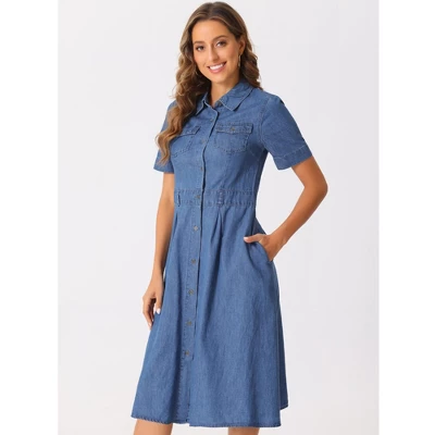 INSPIRE CHIC Women's Collared Short Sleeve A-Line Button Up Midi Denim Dress 3 INSPIRE CHIC Women's Collared Short Sleeve A-Line Button Up Midi Denim Dress - Image 3