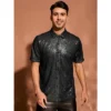 INSPIRE CHIC Men's Button Down Short Sleeve 70s Disco Metallic Sequin Shirts