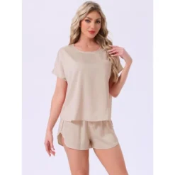 INSPIRE CHIC Women's Satin Silky Pajama Set Short Sleeve Round Neck Top Slit Shorts Sleepwear Set