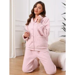INSPIRE CHIC Women's Fleece Fluffy Plush Winter Button Down Tops With Pants Warm Pajama Sets