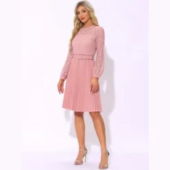 INSPIRE CHIC Women's Pleated Casual Long Sleeves Belted Wedding Guest Floral Lace Dress -Fashion Clothing Store GUEST 11fd0a40 286b 4521 9887 1de5a711cf90