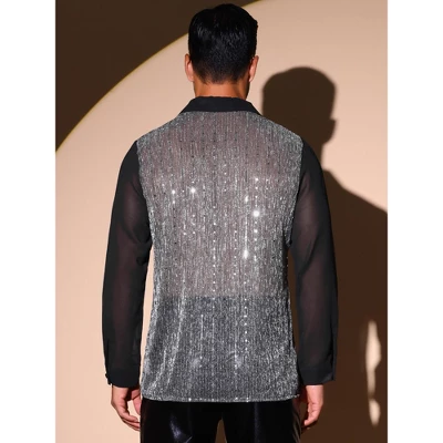 INSPIRE CHIC Men's Camp Collar Long Sleeve Party See Through Sequin Shirts 2 INSPIRE CHIC Men's Camp Collar Long Sleeve Party See Through Sequin Shirts - Image 2