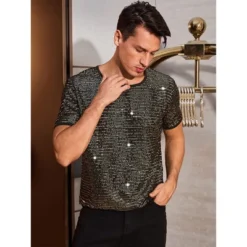INSPIRE CHIC Men's Lightweight Round Neck Short Sleeve Disco Party Sequin T-Shirt
