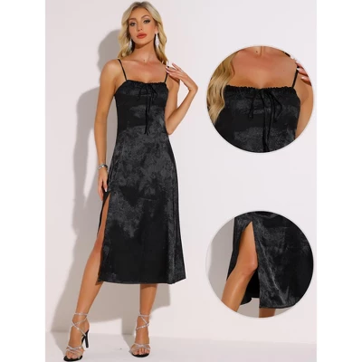 INSPIRE CHIC Women's Spaghetti Strap Square Neck Satin Lace Up Slit Midi Dress 1 INSPIRE CHIC Women's Spaghetti Strap Square Neck Satin Lace Up Slit Midi Dress