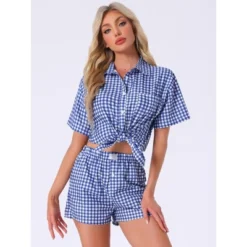 INSPIRE CHIC Women's Plaid Pattern Short Sleeve Button-Down Shirt And Shorts With Pockets 2 Pcs Pajamas Sets