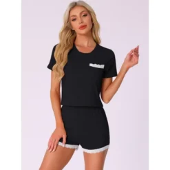 INSPIRE CHIC Women's Ribbed Knit Short Sleeve Tops With Lace Trim Shorts 2 Pcs Pajamas Sets