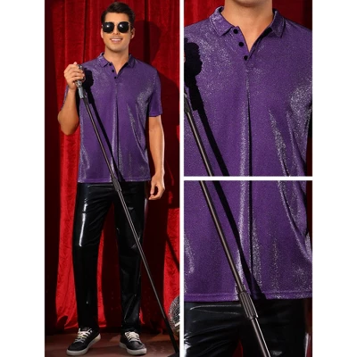 INSPIRE CHIC Men's Short Sleeve Disco Glitter Metallic Polo Shirt 3 INSPIRE CHIC Men's Short Sleeve Disco Glitter Metallic Polo Shirt - Image 3