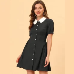 INSPIRE CHIC Women's Vintage Peter Pan Collar Short Sleeve Button Down A-Line Mini Dress