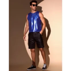 INSPIRE CHIC Men's Sleeveless Crew Neck Disco Metallic Shiny Tank Tops