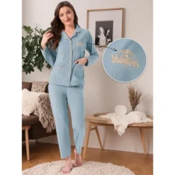 INSPIRE CHIC Women's Lounge Set Cotton Ribbed Button Up Long Sleeve Pants Pattern With Pocket Pajama Set Loungewear