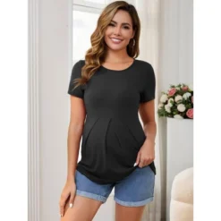 INSPIRE CHIC Women's Maternity Top Short Sleeve Crewneck Wrinkle Design Blouse Waist Tiered Pregnancy T-Shirt