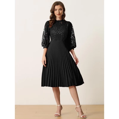 INSPIRE CHIC Women's Floral Lace Panel 3/4 Sleeves Belted A-Line Pleated Dresses 2 INSPIRE CHIC Women's Floral Lace Panel 3/4 Sleeves Belted A-Line Pleated Dresses - Image 2