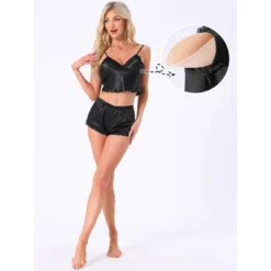 INSPIRE CHIC Womens Loungewear Satin Lace Sleeveless Spaghetti Strap Removable Chest Cushion Cami Shorts Pajama Set