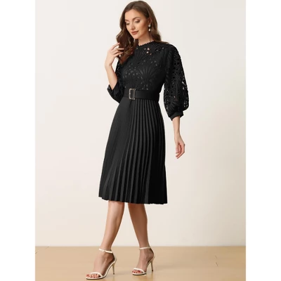 INSPIRE CHIC Women's Floral Lace Panel 3/4 Sleeves Belted A-Line Pleated Dresses 1 INSPIRE CHIC Women's Floral Lace Panel 3/4 Sleeves Belted A-Line Pleated Dresses