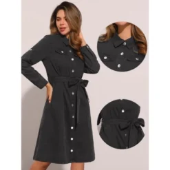 Allegra K Women's Denim Button Down Long Sleeve Belted Classic Shirt Dress