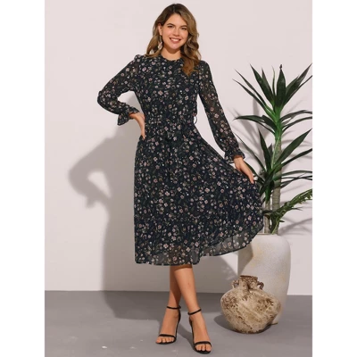 INSPIRE CHIC Women's Floral Mock Neck Long Sleeve Elastic Waist Flowy Midi Dress 3 INSPIRE CHIC Women's Floral Mock Neck Long Sleeve Elastic Waist Flowy Midi Dress - Image 3