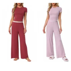 INSPIRE CHIC Women's 2 Pcs Knitted Short Sleeve Top Ruffled Long Wide Leg Pants Pajama Suits -Fashion Clothing Store GUEST 2ce35262 7501 4b41 978b 51812375db3c