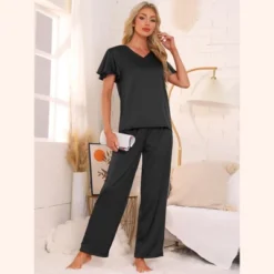 INSPIRE CHIC Women's Sliky Satin Loungewear Ruffle Short Sleeve Tops And Long Pants Pajama Sets