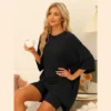INSPIRE CHIC Women's 2 Pcs Knit Loungewear 3/4 Sleeve T-Shirt With Bike Shorts Pajama Set