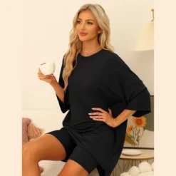 INSPIRE CHIC Women's 2 Pcs Knit Loungewear 3/4 Sleeve T-Shirt With Bike Shorts Pajama Set