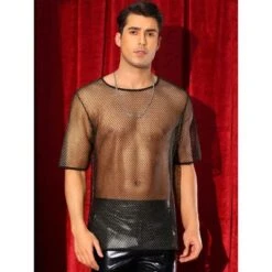 INSPIRE CHIC Men's See Through Short Sleeves Party Shiny Mesh Sheer T-Shirt