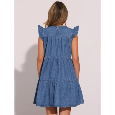 INSPIRE CHIC Women's Denim Ruffle Sleeve Crew Neck Mini Dresses 2 INSPIRE CHIC Women's Denim Ruffle Sleeve Crew Neck Mini Dresses - Image 2