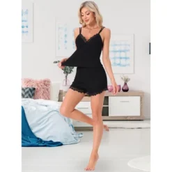 INSPIRE CHIC Women 2 Pcs Lounge Set Sleeveless Lace Spaghetti Strap Ribbed Pajama Sets