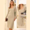 INSPIRE CHIC Women's V Neck Long Sleeve Ribbed Knit Midi Sweater Dresses