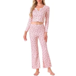 INSPIRE CHIC Women's 2 Pcs Pajama Cherry Print Ruffle Trim V-Neck Long Sleeve Top And Pants Set -Fashion Clothing Store GUEST 376b0313 fda1 446f 8109 57d9dfe3b7fd