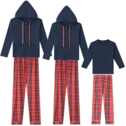 INSPIRE CHIC Christmas Family Pajama Sets Matching Hooded Long Sleeve Top With Plaid Pants Lounge Set