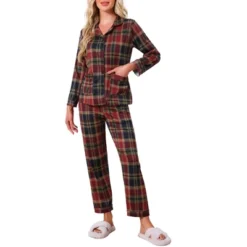 INSPIRE CHIC Women's Long-sleeved Button Down Top And Pants And Pockets Plaid Pajama 2 Pcs Sets -Fashion Clothing Store GUEST 38aeb503 012a 415c ab2e 4682dc1a045d