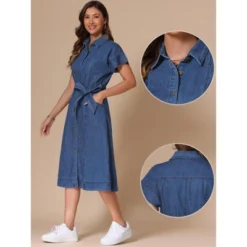 INSPIRE CHIC Women's Denim Casual Button Down Short Sleeves Belted Midi Dress