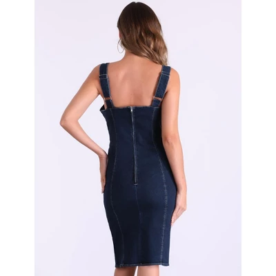 INSPIRE CHIC Women's Summer Sleeveless Square Zipper Neck Side Split Bodycon Strap Denim Midi Dress 2 INSPIRE CHIC Women's Summer Sleeveless Square Zipper Neck Side Split Bodycon Strap Denim Midi Dress - Image 2