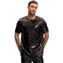 Lars Amadeus Men's Short Sleeve Round Neck Regular Fit Party Club Sparkly Disco Sequin T-Shirt