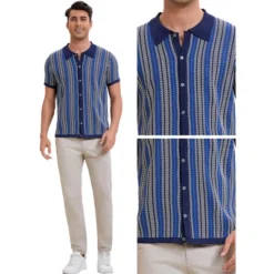 INSPIRE CHIC Men's Striped Knitted Summer Short Sleeves Button Down Jacquard Polo Shirts -Fashion Clothing Store GUEST 3c9c9108 f26f 42c2 864f d515e1defc6f