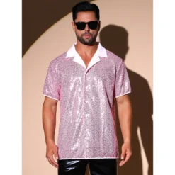 INSPIRE CHIC Sequins Shirts For Men's Camp Collar Short Sleeve Button Down Party Shiny Shirt