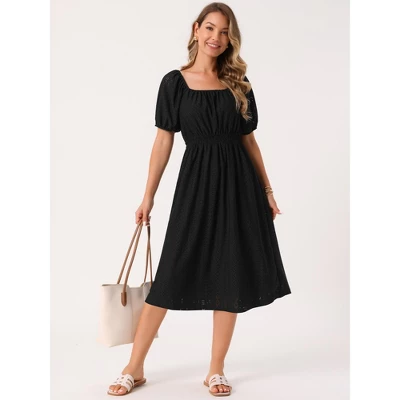 INSPIRE CHIC Women's Eyelet Square Neck Short Puff Sleeve Casual A Line Summer Midi Dress 2 INSPIRE CHIC Women's Eyelet Square Neck Short Puff Sleeve Casual A Line Summer Midi Dress - Image 2