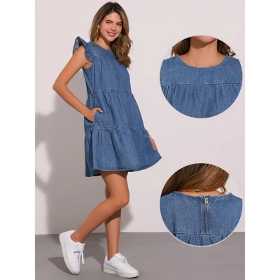 INSPIRE CHIC Women's Denim Ruffle Sleeve Crew Neck Mini Dresses 1 INSPIRE CHIC Women's Denim Ruffle Sleeve Crew Neck Mini Dresses