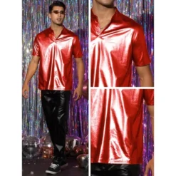 INSPIRE CHIC Men's Short Sleeves Stand Collared Shiny Disco Party Metallic T-Shirt -Fashion Clothing Store GUEST 43bd616c 0b51 43fc 88f5 123a3a05479a
