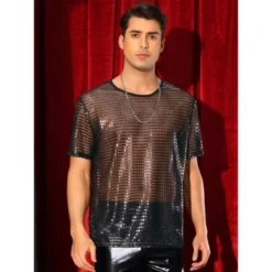 INSPIRE CHIC Men's Crew Neck Short Sleeve Party Metallic Sheer Glitter Sequin T-Shirt
