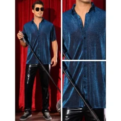 INSPIRE CHIC Men's Short Sleeve Point Collar Party Glitter Sheer Mesh Shirts -Fashion Clothing Store GUEST 4741327a 72c9 496c b39f 797080d015e1