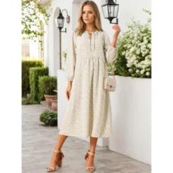 INSPIRE CHIC Women's Boho V Neck Long Sleeve Flowy Swing Casual Floral Midi Dress With Pockets