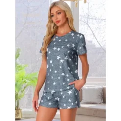 INSPIRE CHIC Women's 2Pcs Pajama Set Round Neck Short Sleeve Top And Drawstring Shorts Loungewear Set