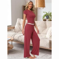 INSPIRE CHIC Women's 2 Pcs Knitted Short Sleeve Top Ruffled Long Wide Leg Pants Pajama Suits