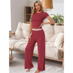INSPIRE CHIC Women's 2 Pcs Knitted Short Sleeve Top Ruffled Long Wide Leg Pants Pajama Suits -Fashion Clothing Store GUEST 4f91bd3e 4642 4078 b07b 63daeceeb531
