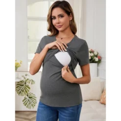INSPIRE CHIC Women's Ribbed Knit Short Sleeve Nursing Shirts Crossover Maternity Breastfeeding Tops