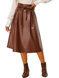 INSPIRE CHIC Women's Faux Leather High Waist Belted A-line Flare Midi Skirts -Fashion Clothing Store GUEST 52933b87 3b16 482e 9b36 a1bd9d679f58