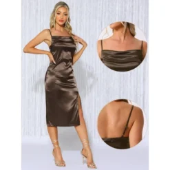 INSPIRE CHIC Women's Cowl Neck Spaghetti Adjustable Strap Ruched Side Slit Midi Dress