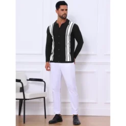 INSPIRE CHIC Men's Long Sleeves Button Down Printing Knitted Polo Shirts